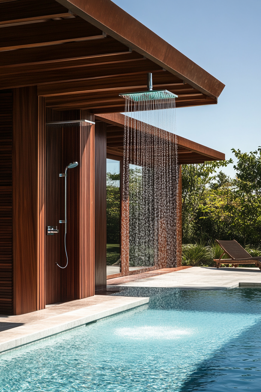 Pool house. Indoor-outdoor mahogany shower next to a minimalist changing cabana overlooking panoramic pool.