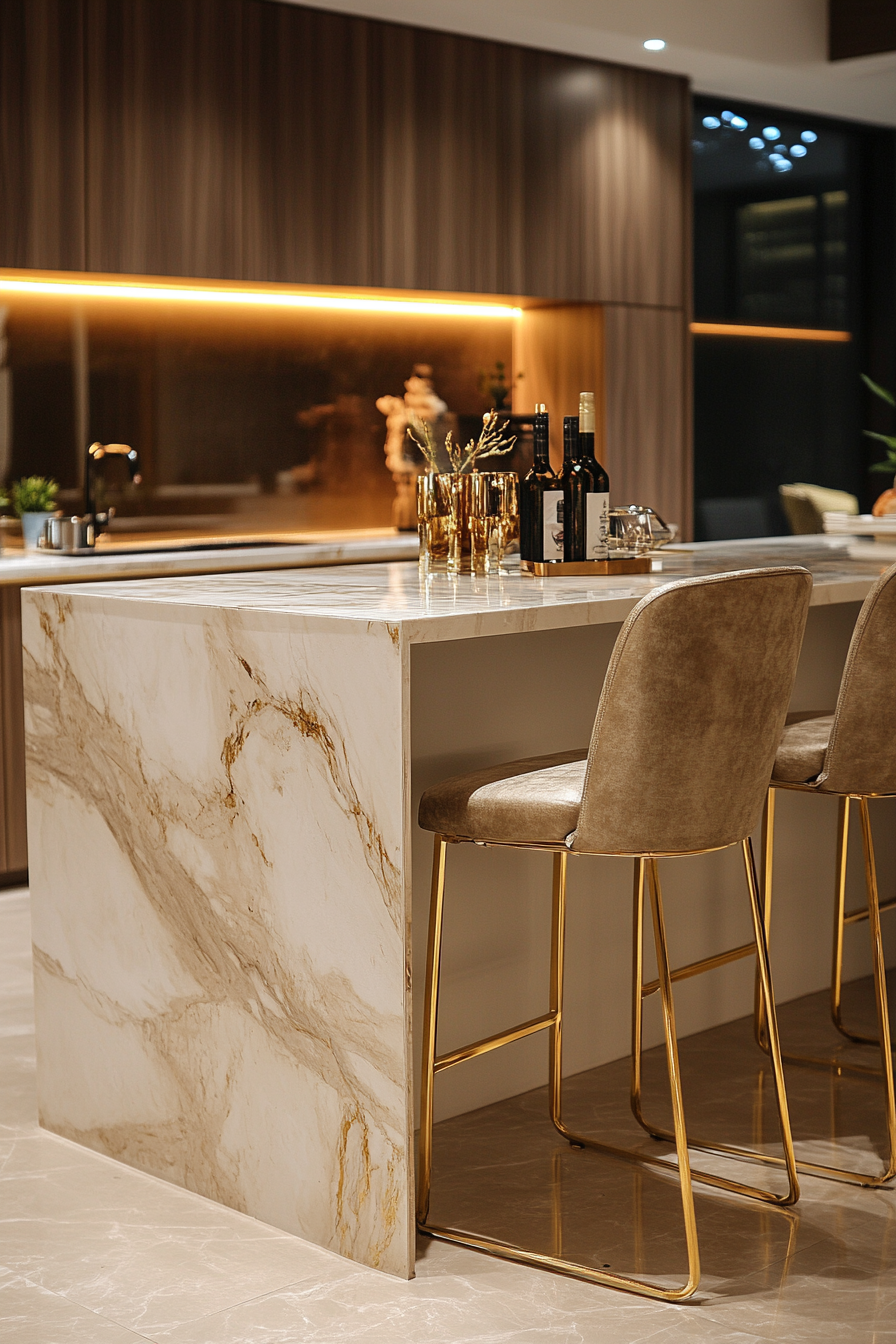 Premium kitchen design. Marble island with gold-accented bar stools.