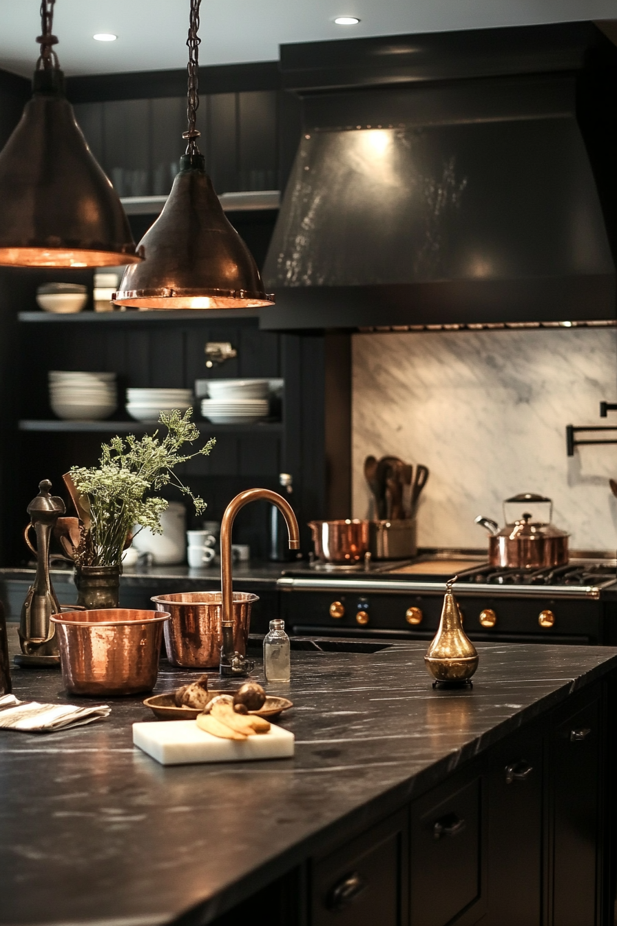 Welcoming kitchen. Soapstone countertops, copper vessels, vintage scale, industrial pendants.