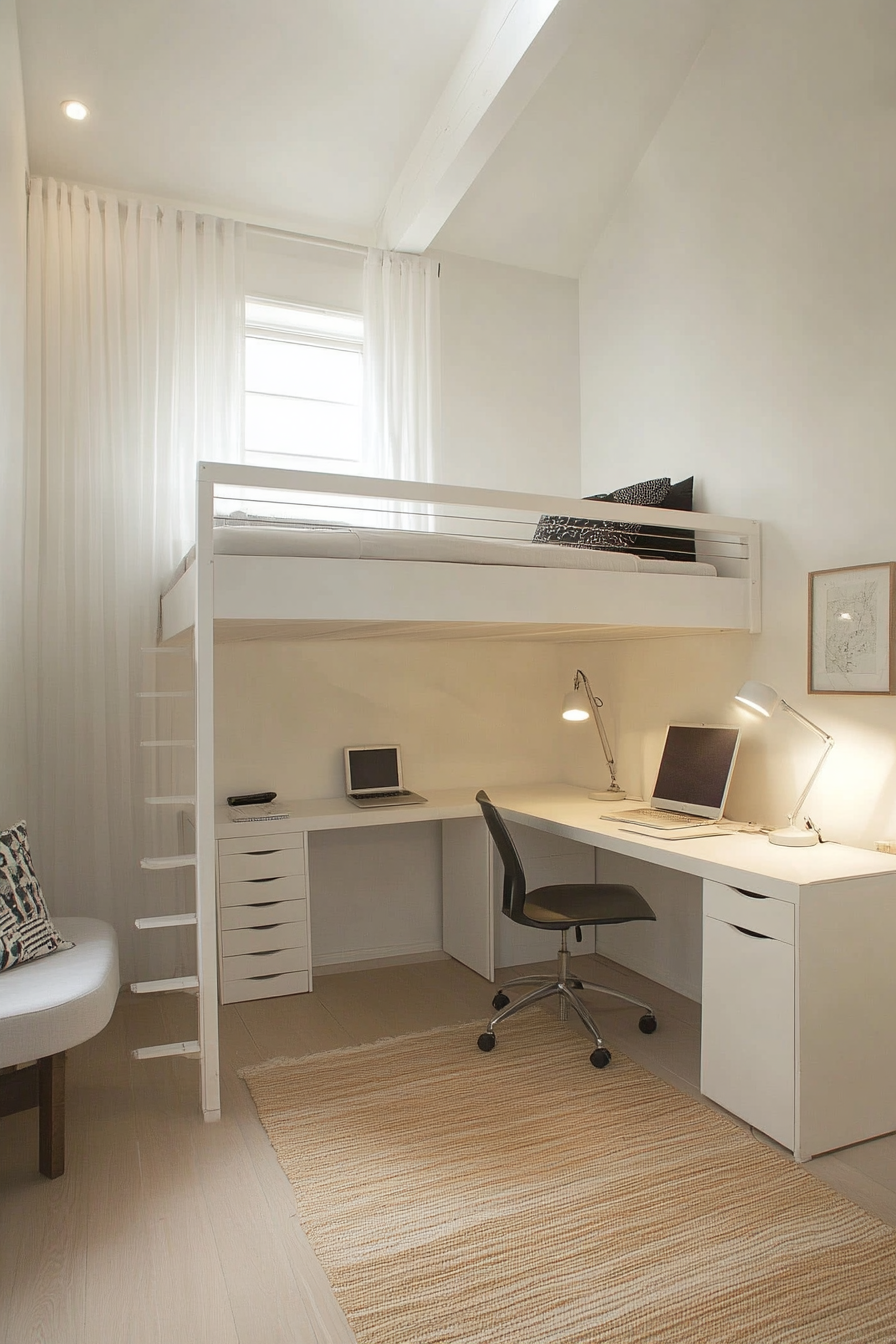 Minimal living space. White loft bed with built-in study corner and bamboo floor mat.