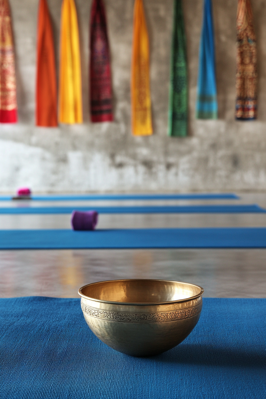 Yoga space. Thick cushioned blue mats, silky prayer flags, a brass singing bowl.