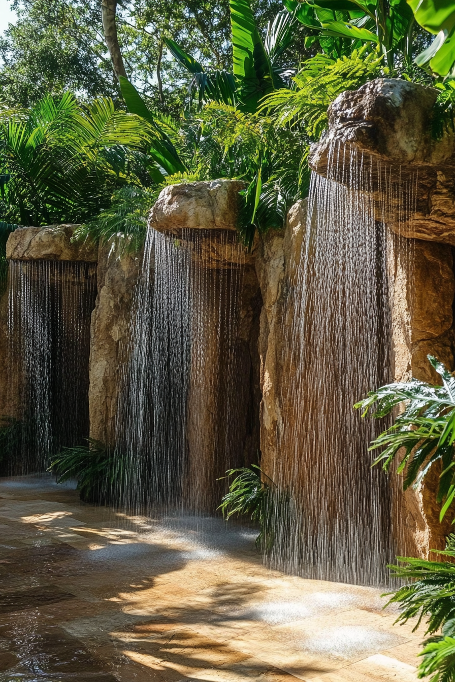 Outdoor shower. Natural rock formation, multiple cascading heads, within tropical fern garden.