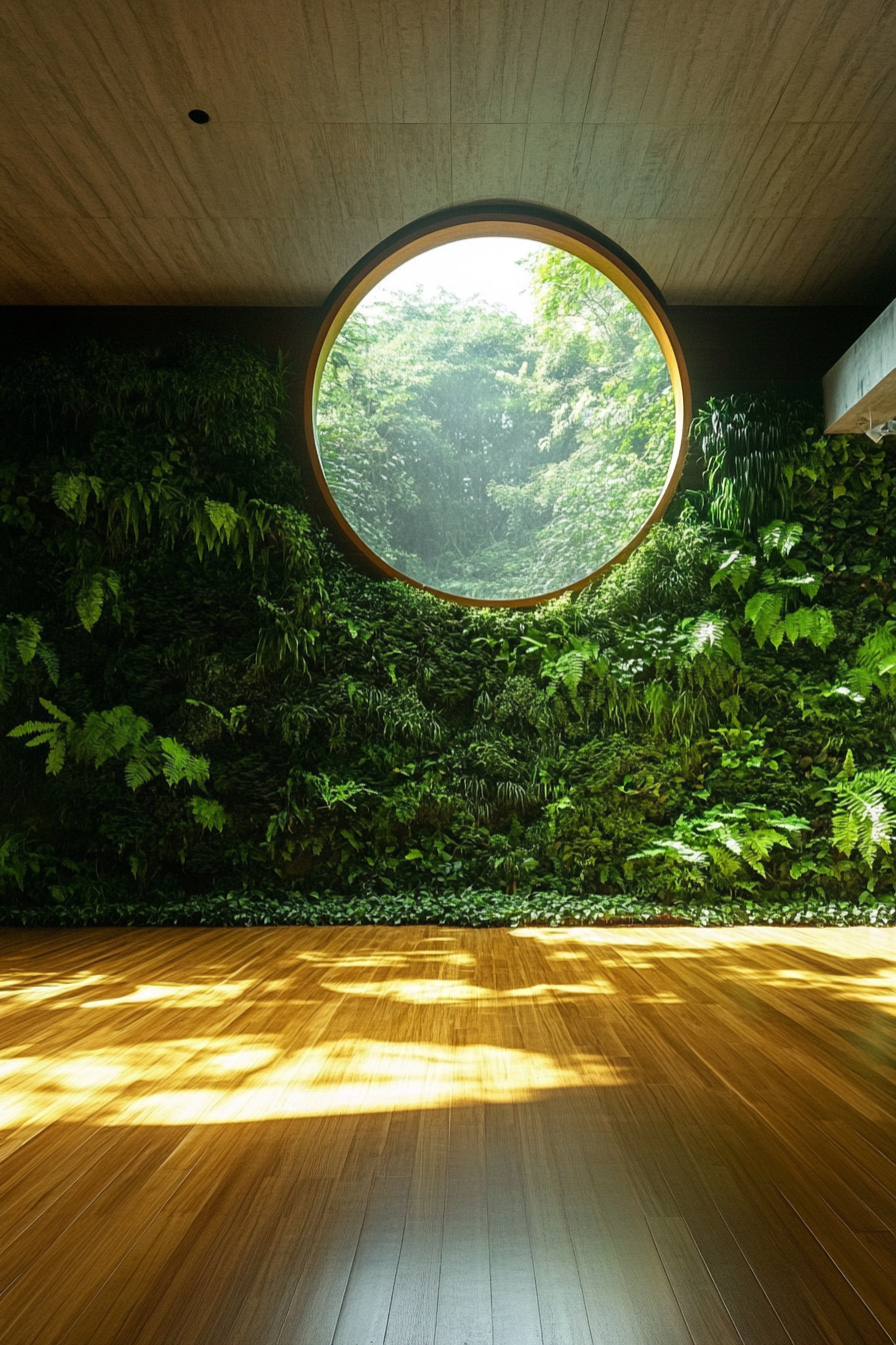 Yoga space. Bamboo flooring with a round, sky-pointing window high above a fern-filled living wall.