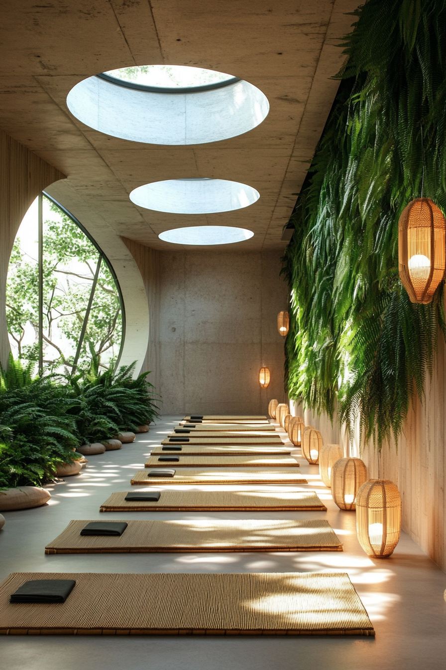 Yoga space. Rows of reed mats under frosted lanterns, fern wall by circular skylight.