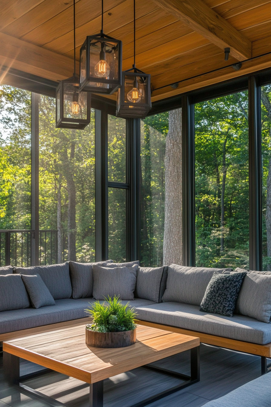 Modern enclosed porch. Grey corner sofa with oak coffee table, pendant lighting and glass walls.