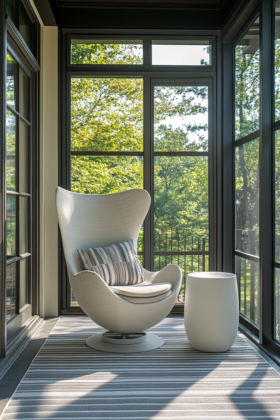 Modern enclosed porch. Egg chair, glass walls, white cylinder side table, grey striped outdoor rug.