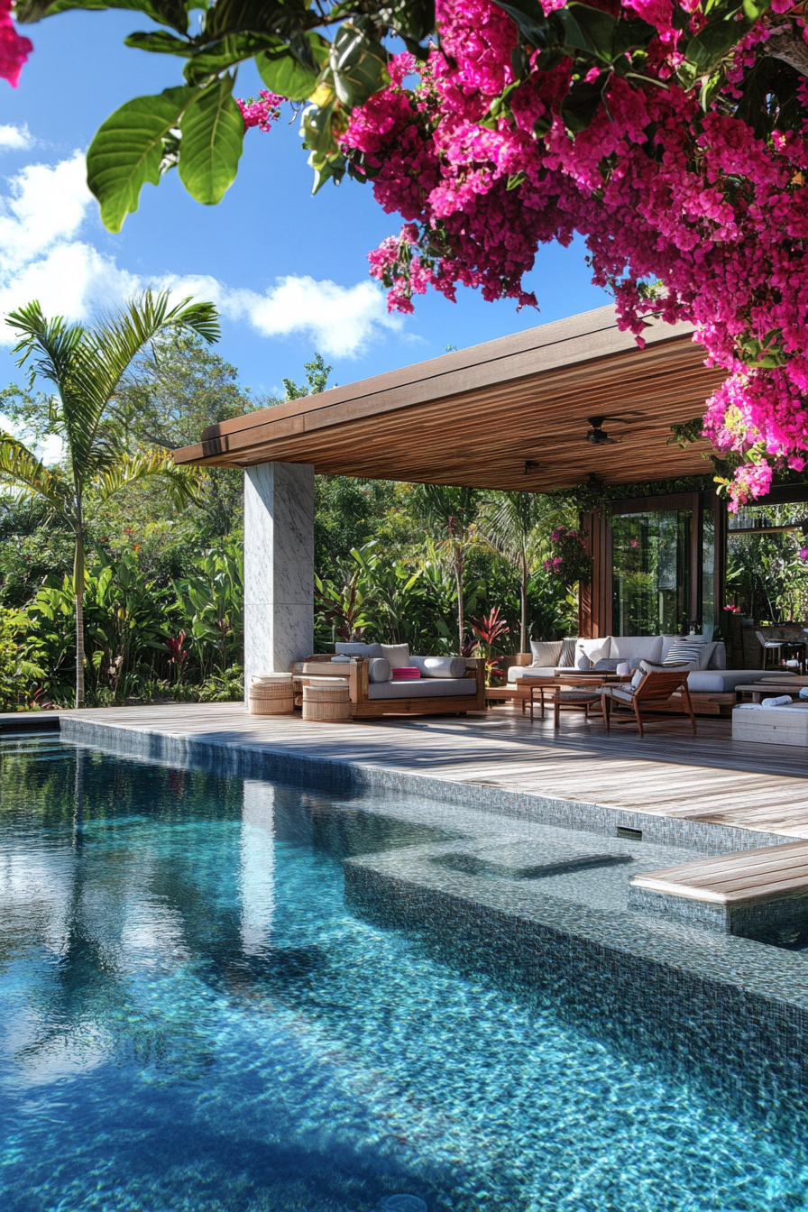 Luxe pool house. Teak decking, marble indoor-outdoor shower, cabana and Bougainvillea covered lounge overlooking pool.