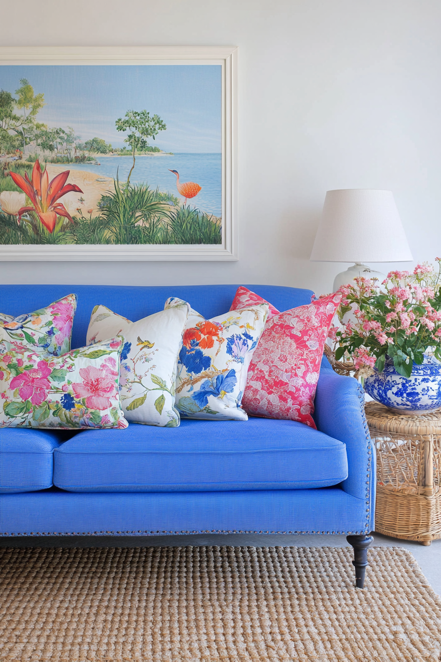 Coastal living space. Blue chinoiserie sofa with vintage floral cushions on a woven rug.