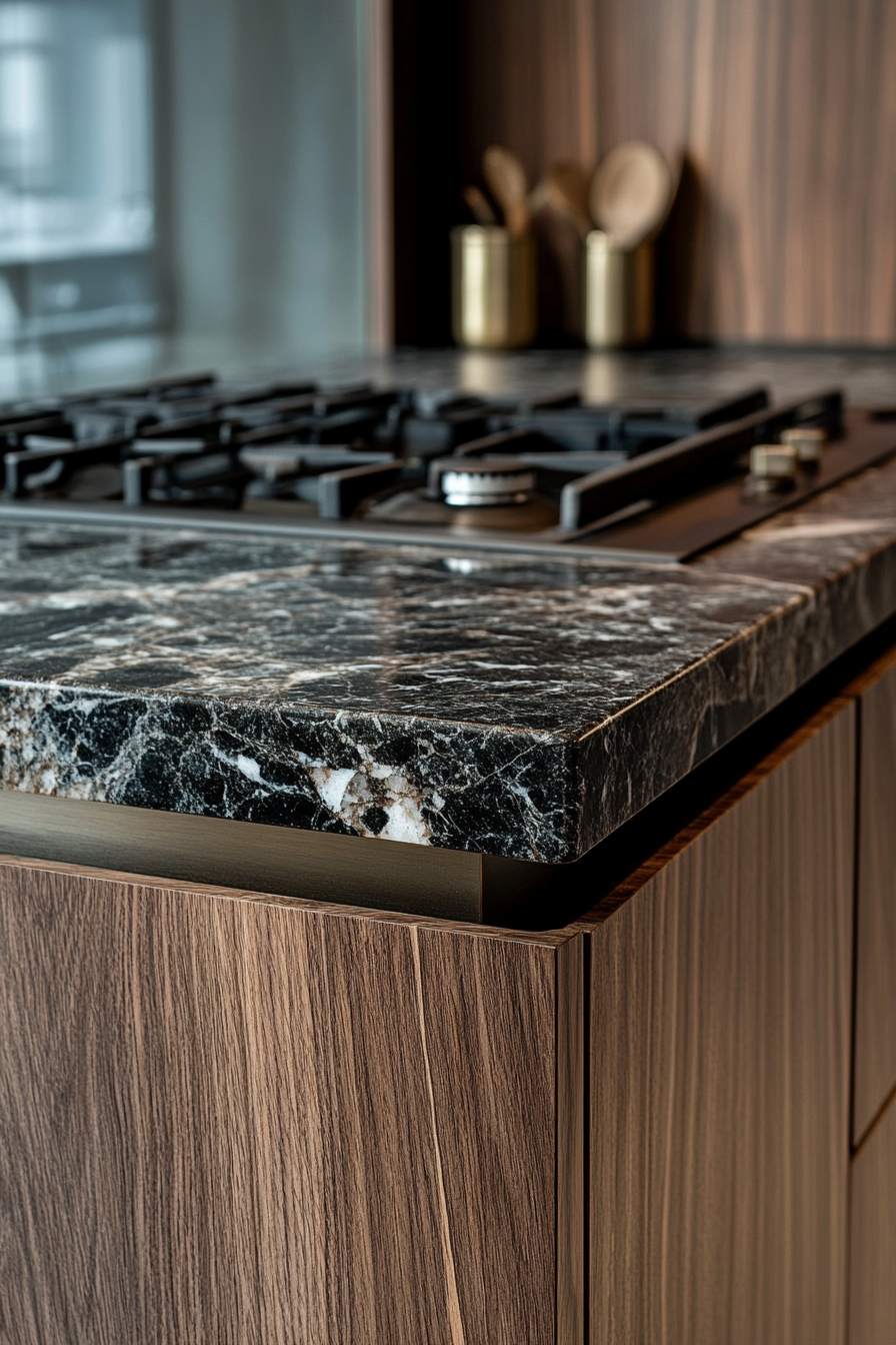 Premium kitchen design. Granite countertop with high-end walnut cabinetry.