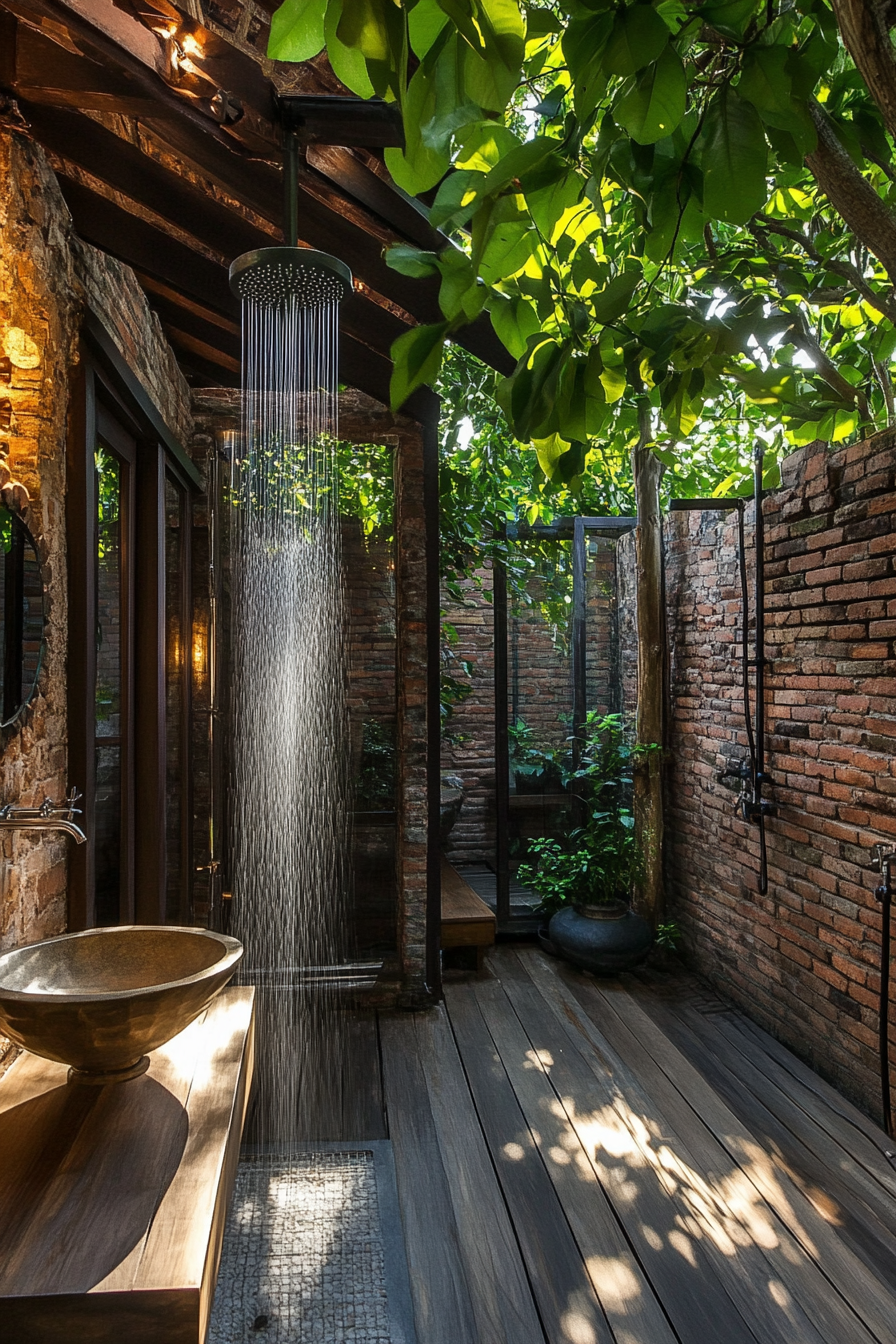 Outdoor bathroom. Teak flooring, exposed rainfall shower, brick privacy wall under pergola.