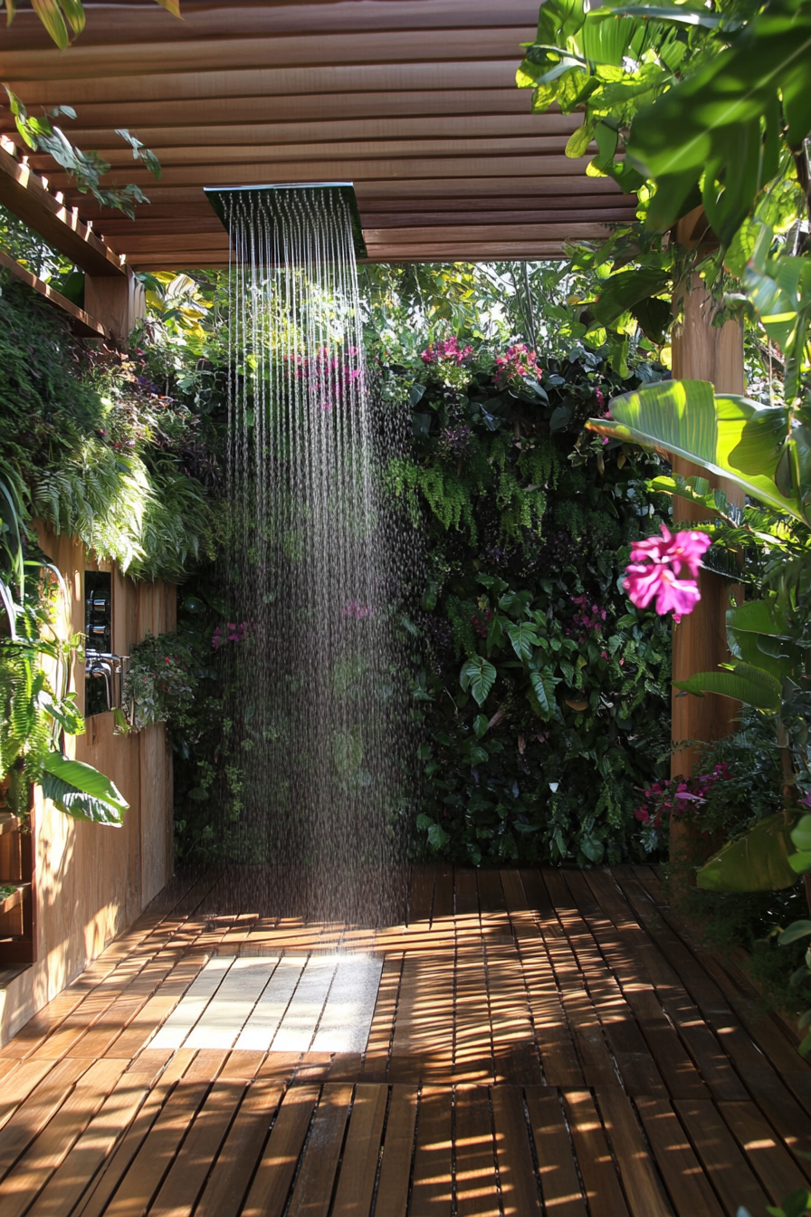 Outdoor bathroom. Teak flooring, rainfall showerhead, living privacy wall, under pergola cover.