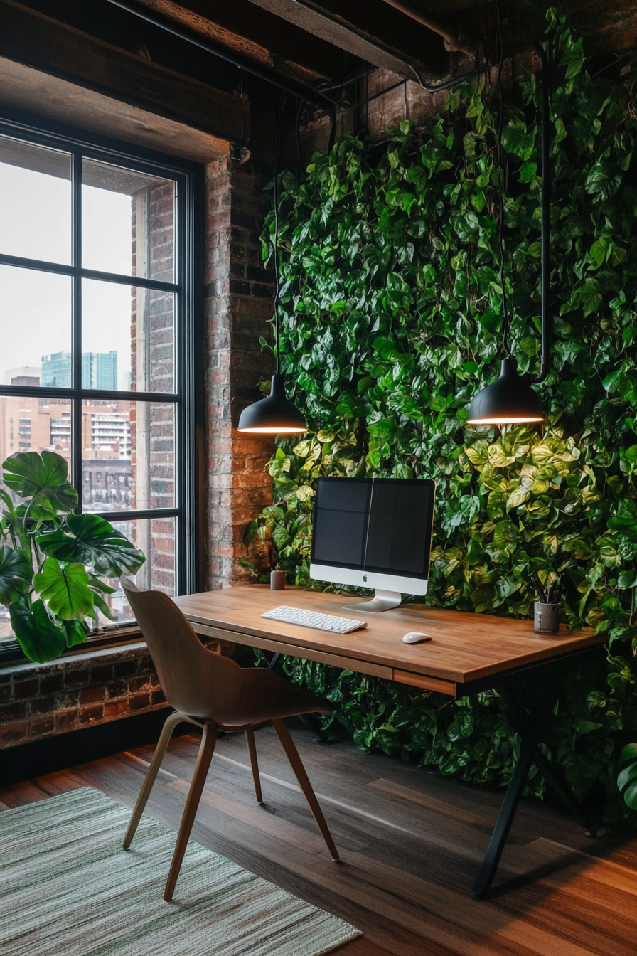 Remote workspace. Modular oak desk, green ivy wall divider, loft-style convertible meeting nook by industrial windows.