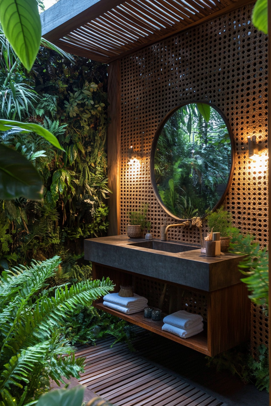 Outdoor bathroom. Rattan vanity mirror on teakwood latticed flooring amidst fern-filled privacy wall.