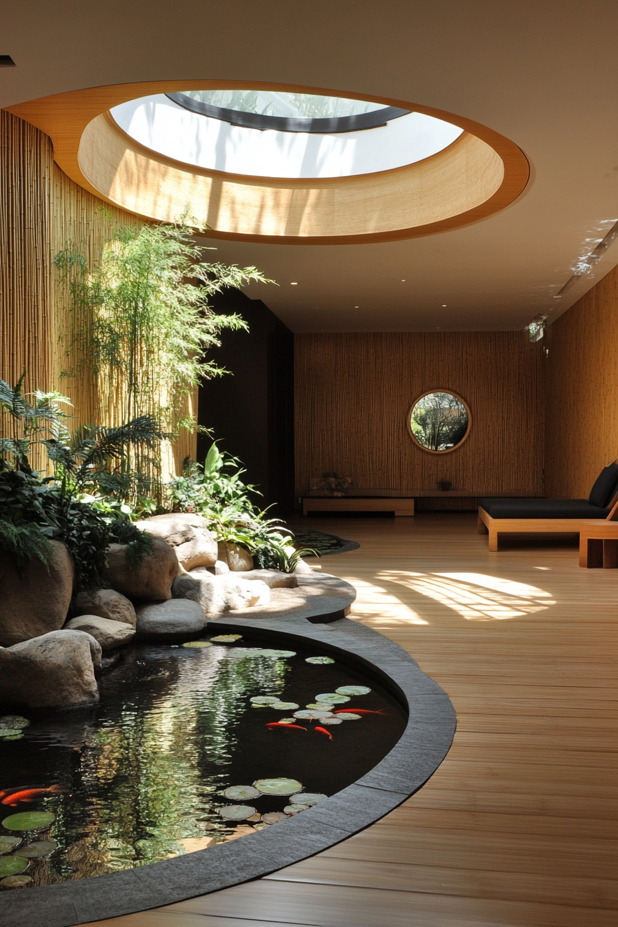 Yoga space. Bamboo floor, circular skylight, meditation corner with tranquil koi pond, living wall.