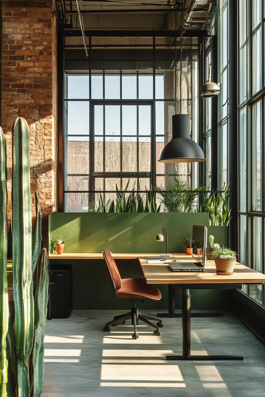 Remote workspace. Modular desk system under large industrial windows, beside cacti green wall divider.