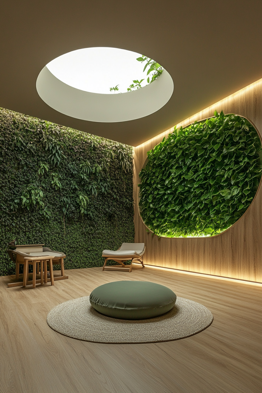 Serene yoga space. Bamboo flooring, circular skylight over verdant green living wall, dedicated meditation corner.