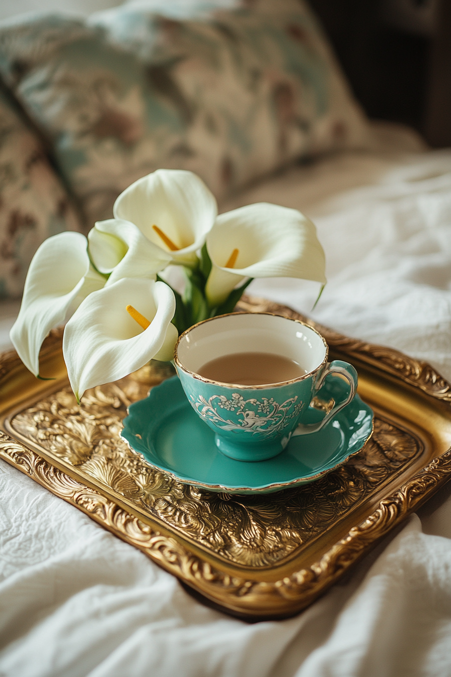 Bedside setup. Gold vintage tray, turquoise teacup, fresh Calla lilies.