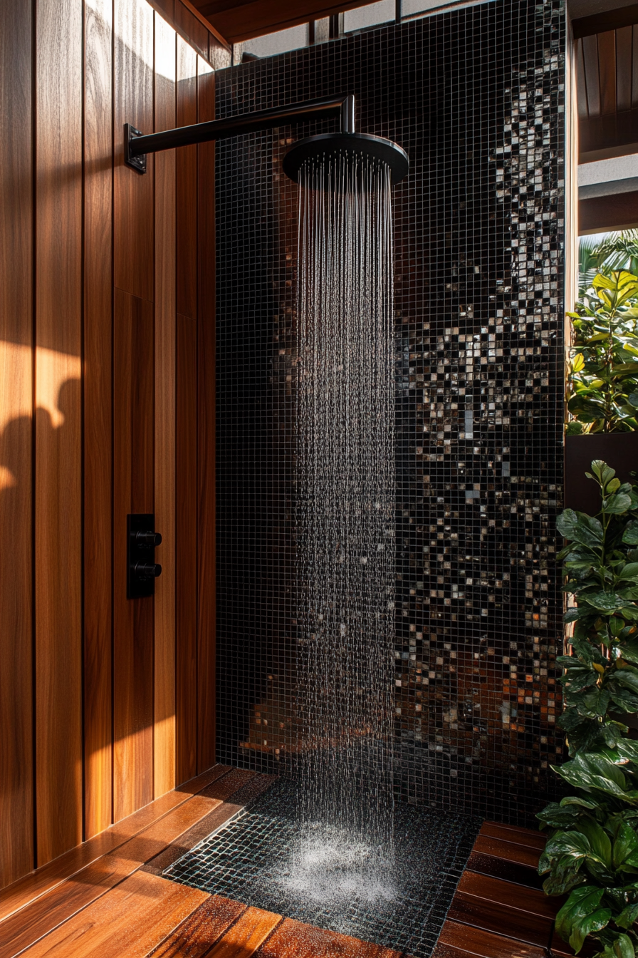 Pool house. Indoor-outdoor shower with black mosaic tiles and mahogany wood encasing.