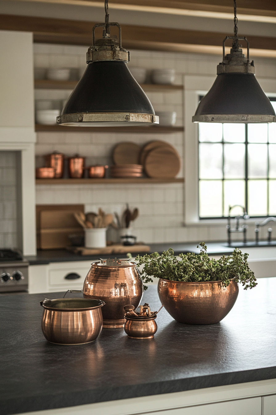 Welcoming kitchen. Soapstone countertop, copper vessels, vintage scale, adjacent industrial pendants.