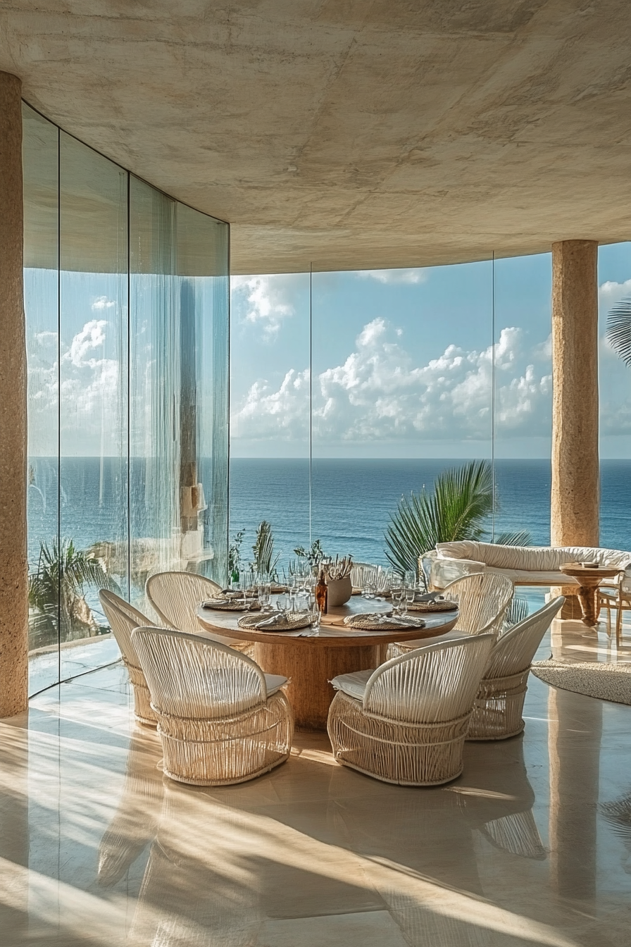 Dining room. Bleached brunette floors, curved white rattan chairs, expansive ocean view through clear windows.