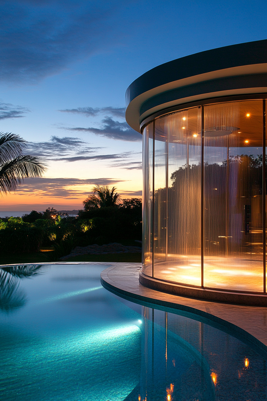 Luxe pool house. Glass-walled shower overlooking a circular swimming pool at twilight.