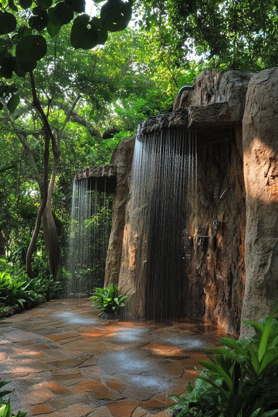 Outdoor shower. Natural rock formation embedded with multiple cascading shower heads amidst tropical greenery.