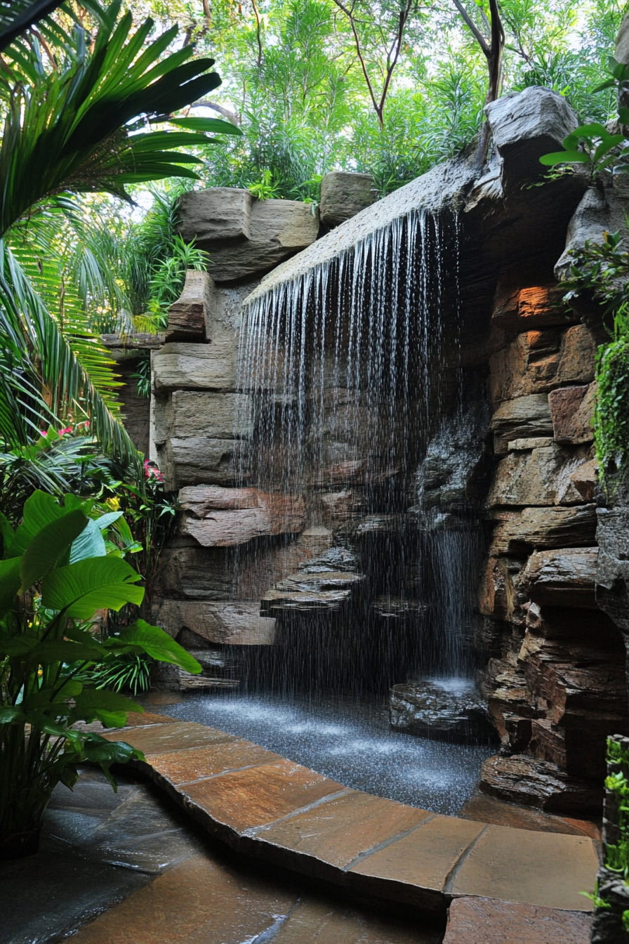 Outdoor shower. Natural rock formation with cascading waterfall effect and embedded tropical plants.