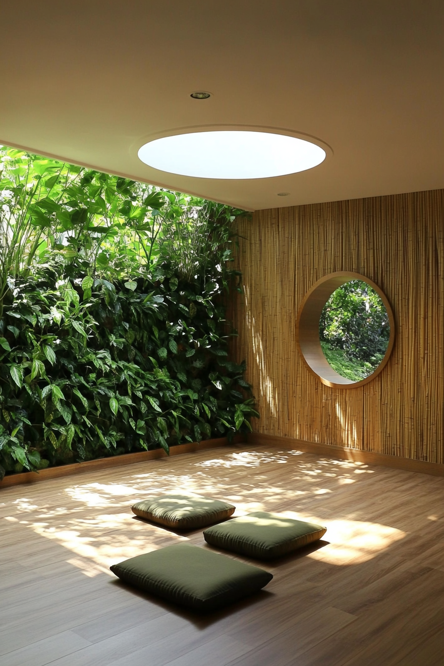 Yoga space. Bamboo flooring, square meditation cushion, philodendron living wall under ring-shaped skylight.