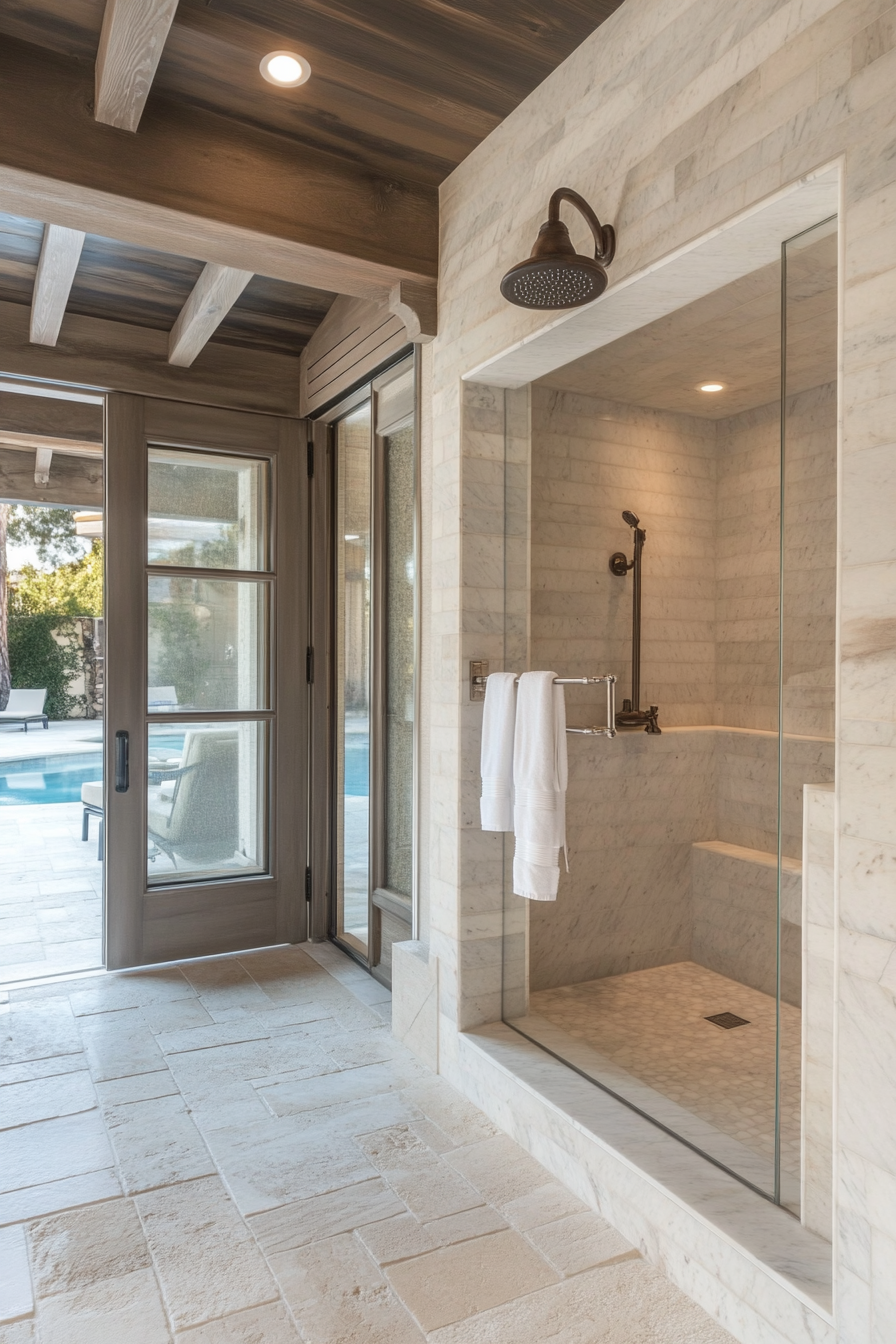 Luxe pool house. Indoor-outdoor marble shower adjacent to changing cabana.