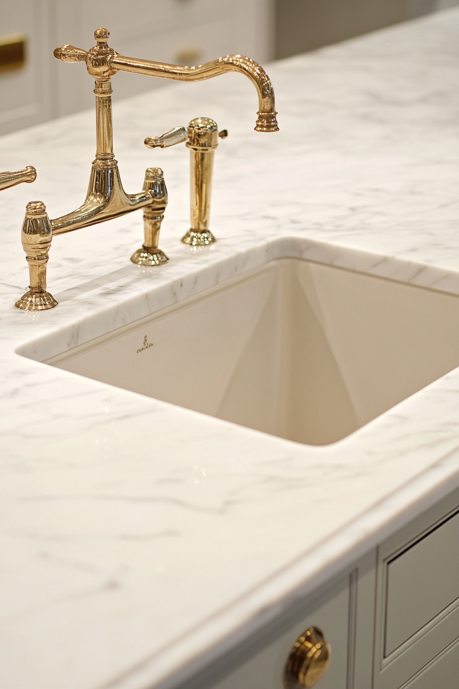 Premium kitchen design. White marble countertops with brass fixtures