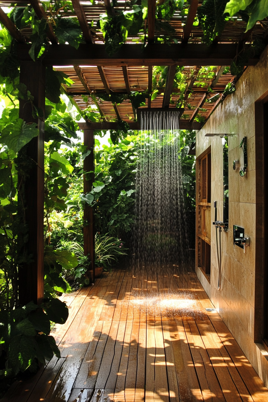 Outdoor bathroom. Teak flooring with rainfall shower head under vine-covered pergola.