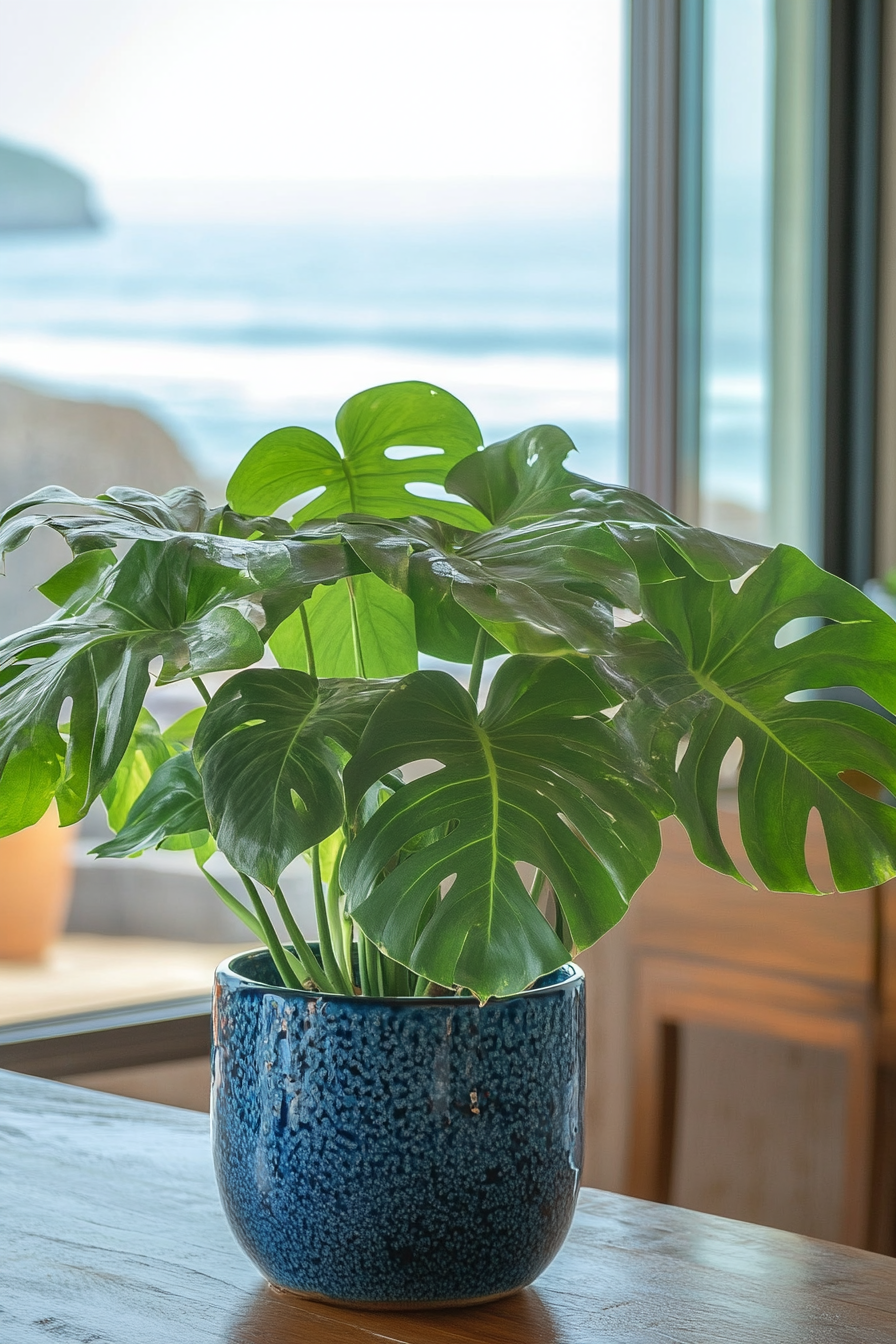 Dining room. Vibrant green monstera plant in cobalt porcelain pot by ocean view window.