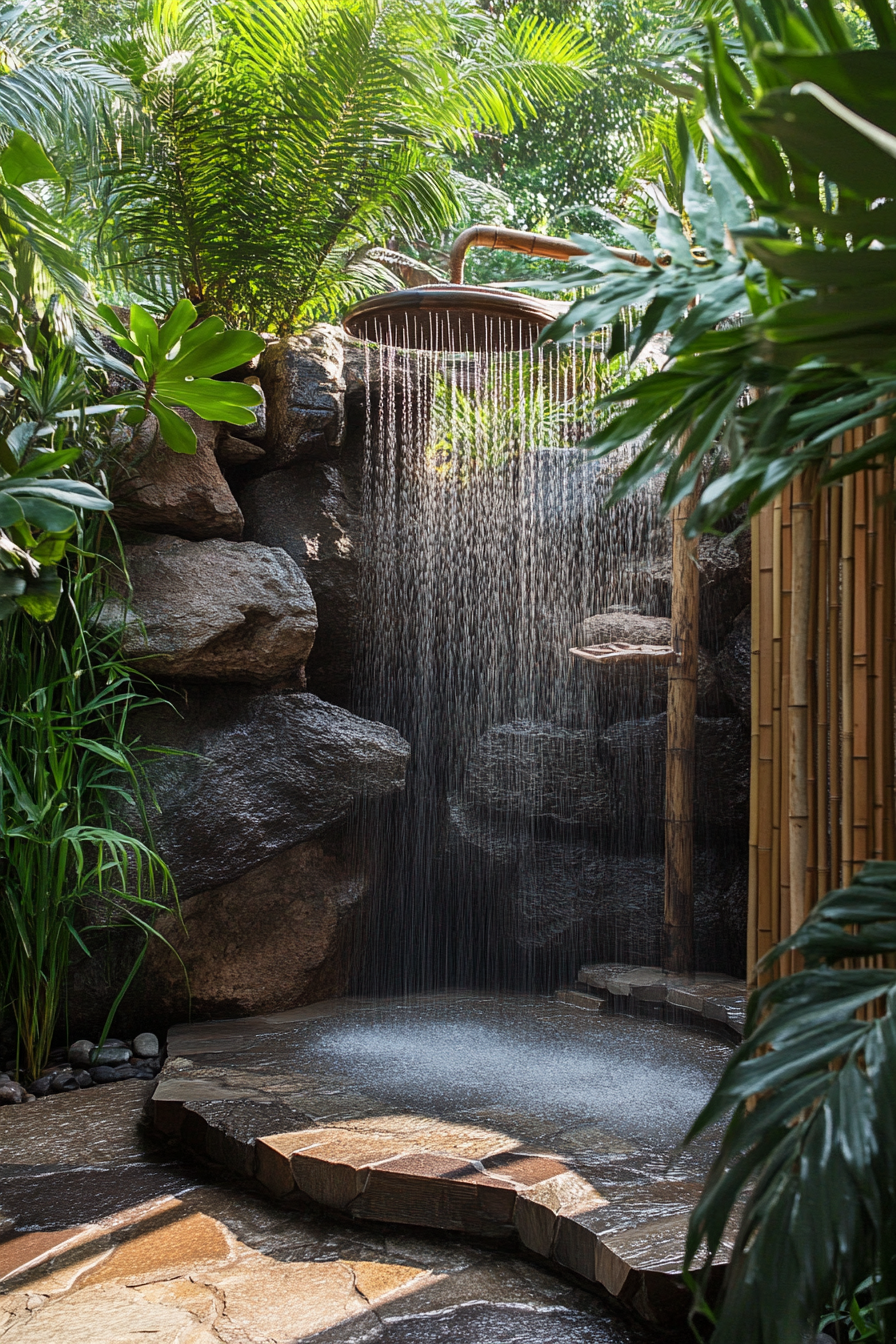 Outdoor shower design. Natural rock formation base with tropical fern integration and bamboo showerheads.