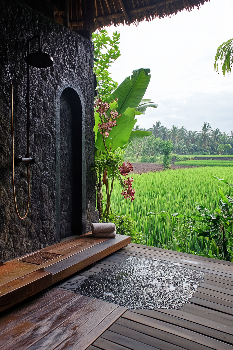 Outdoor shower. Black lava stone walls, teak platform, adjacent orchid wall, overlooking a rice paddy.