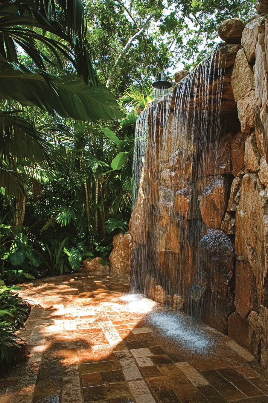 Outdoor shower. Natural rock formation, cascading waterfall heads, tropical plant integration.