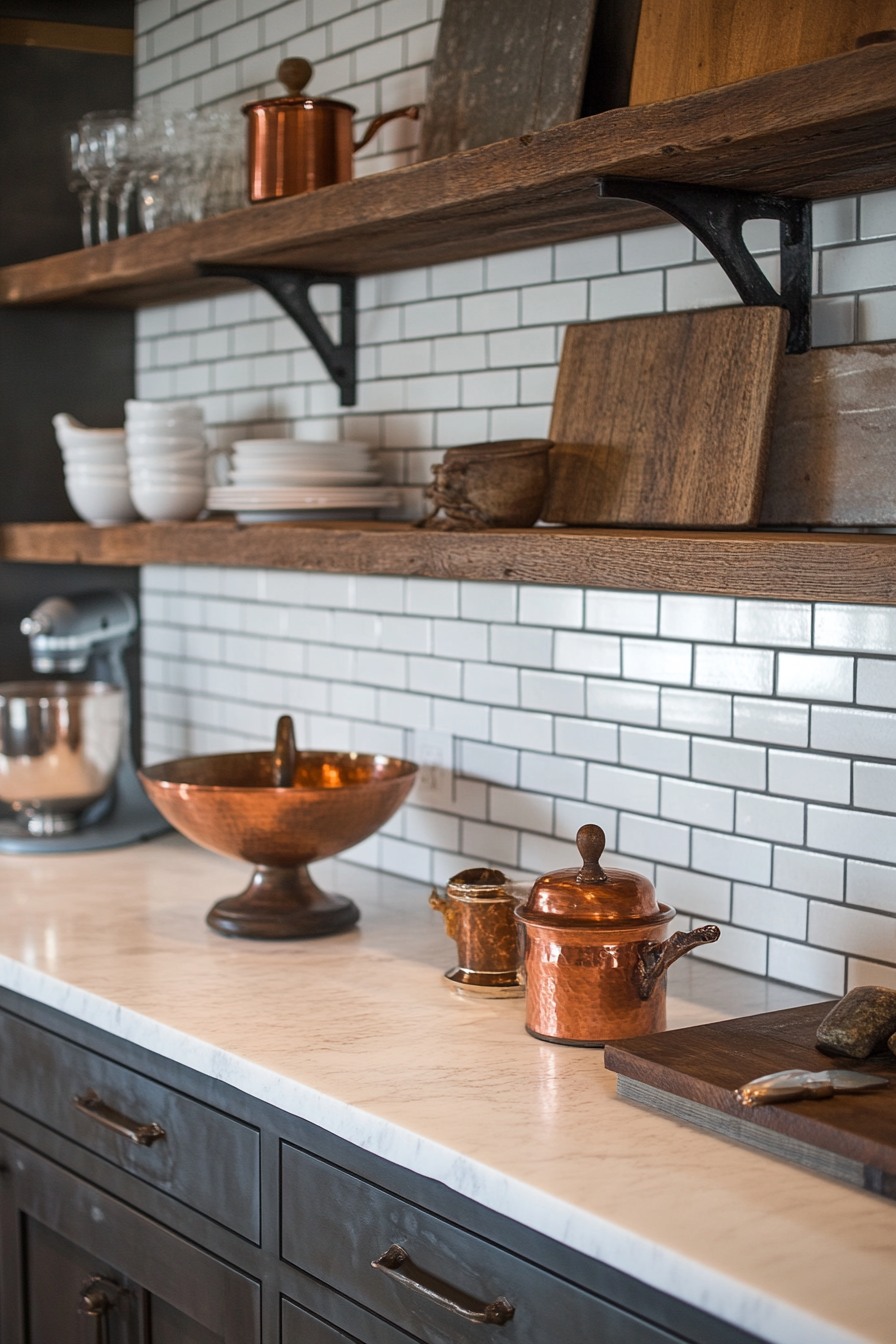 Kitchen design. White soapstone countertops with displayed copper vessels and an antique scale.