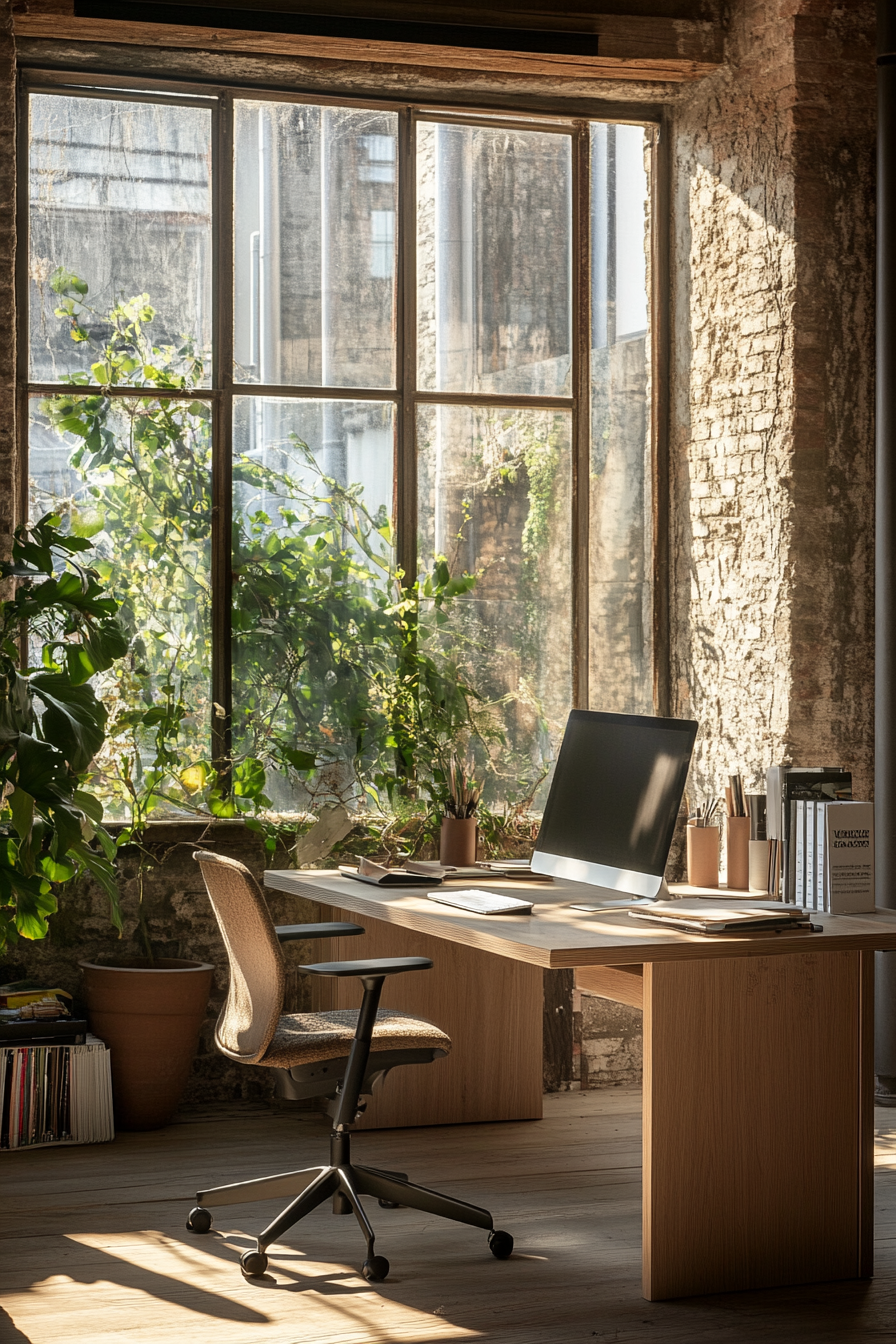 Remote workspace. Modular oak desk system near expansive industrial window.