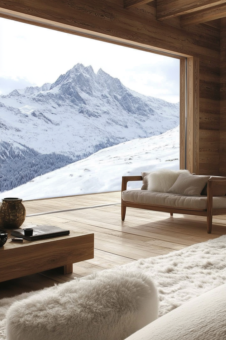 Contemporary alpine living. Wooden lodge with floor-to-ceiling windows overlooking snowy mountains.