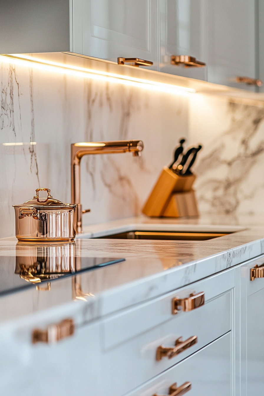 Premium kitchen design. Marble countertop with rose gold fixtures.