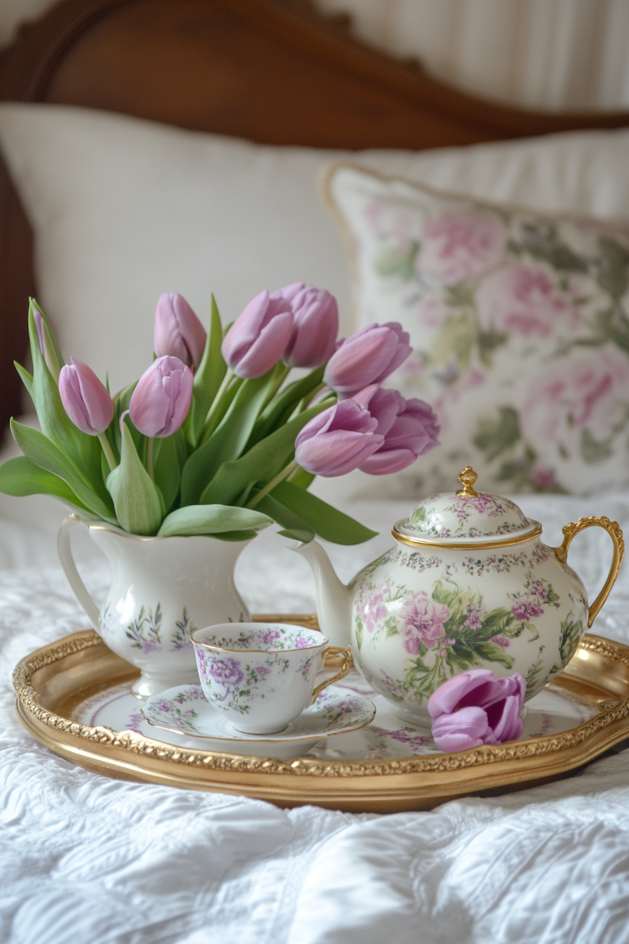 Bedside setup. Gold-rimmed vintage tray, bone china teapot, lilac tulip arrangement.