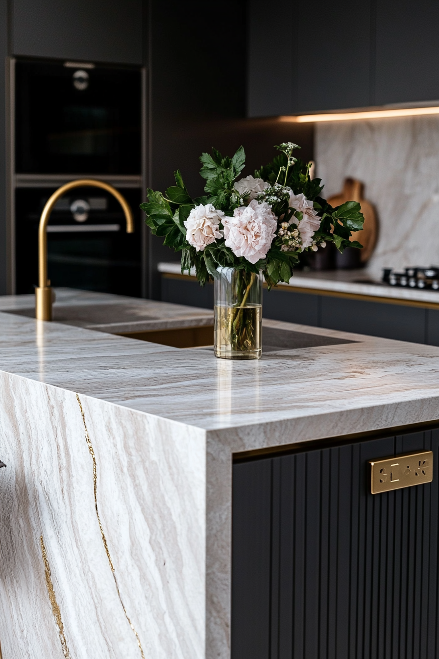 Premium kitchen design. Bespoke marble island with brass fixtures.