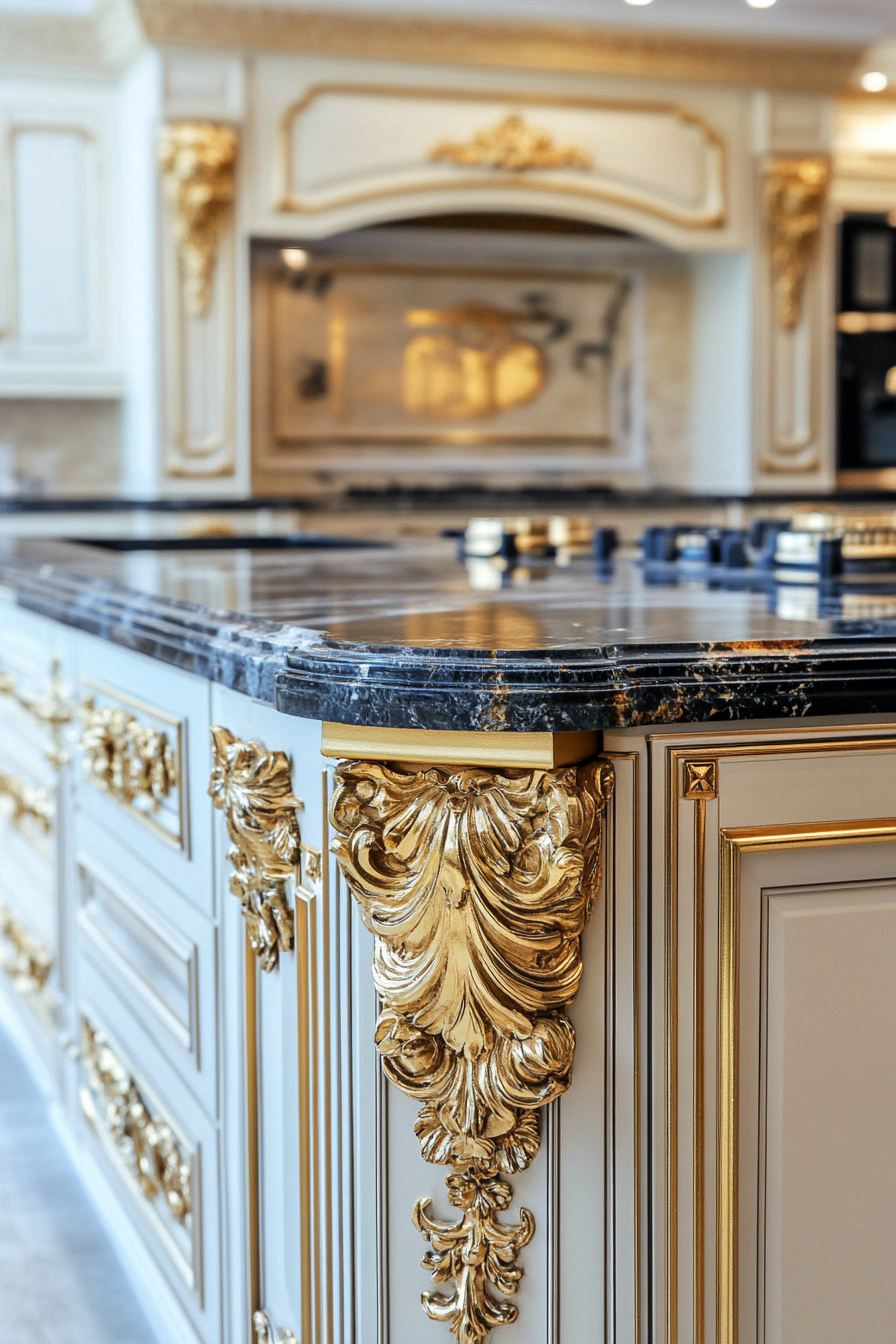 Premium kitchen design. Marble countertops with gold-plated fixtures.