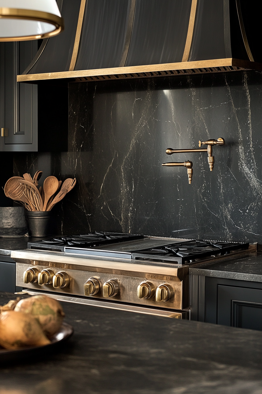 Premium kitchen design. Gold-speckled black marble countertop and brass fixtures.