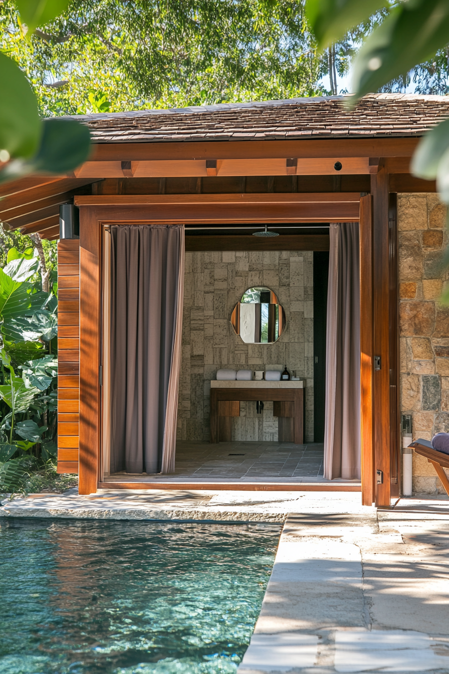 Pool house. Teak sliding doors leading to flagstone outdoor shower and velvet-curtained changing cabana.