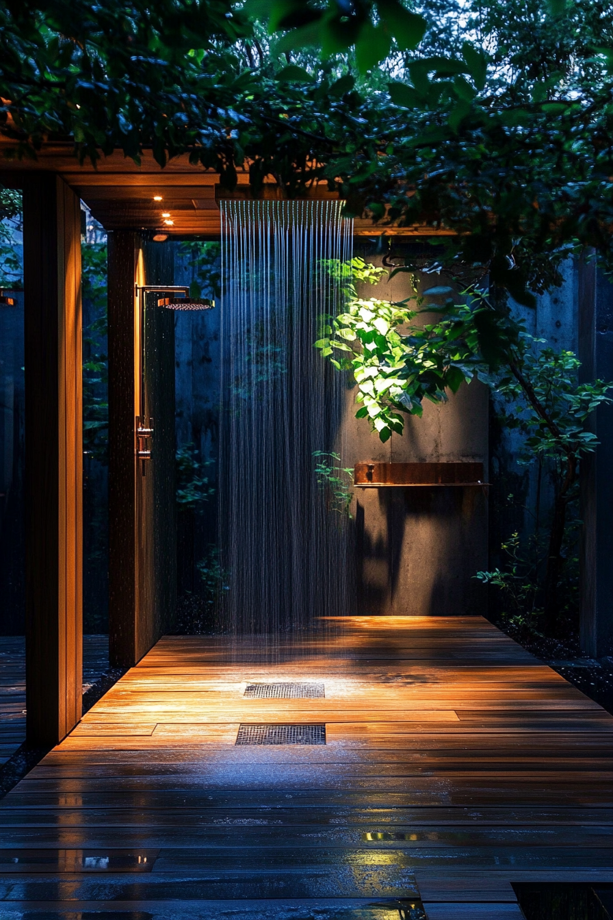 Outdoor bathroom. Teak floor with embedded water-resistant lighting and copper rectangular rainfall shower head.