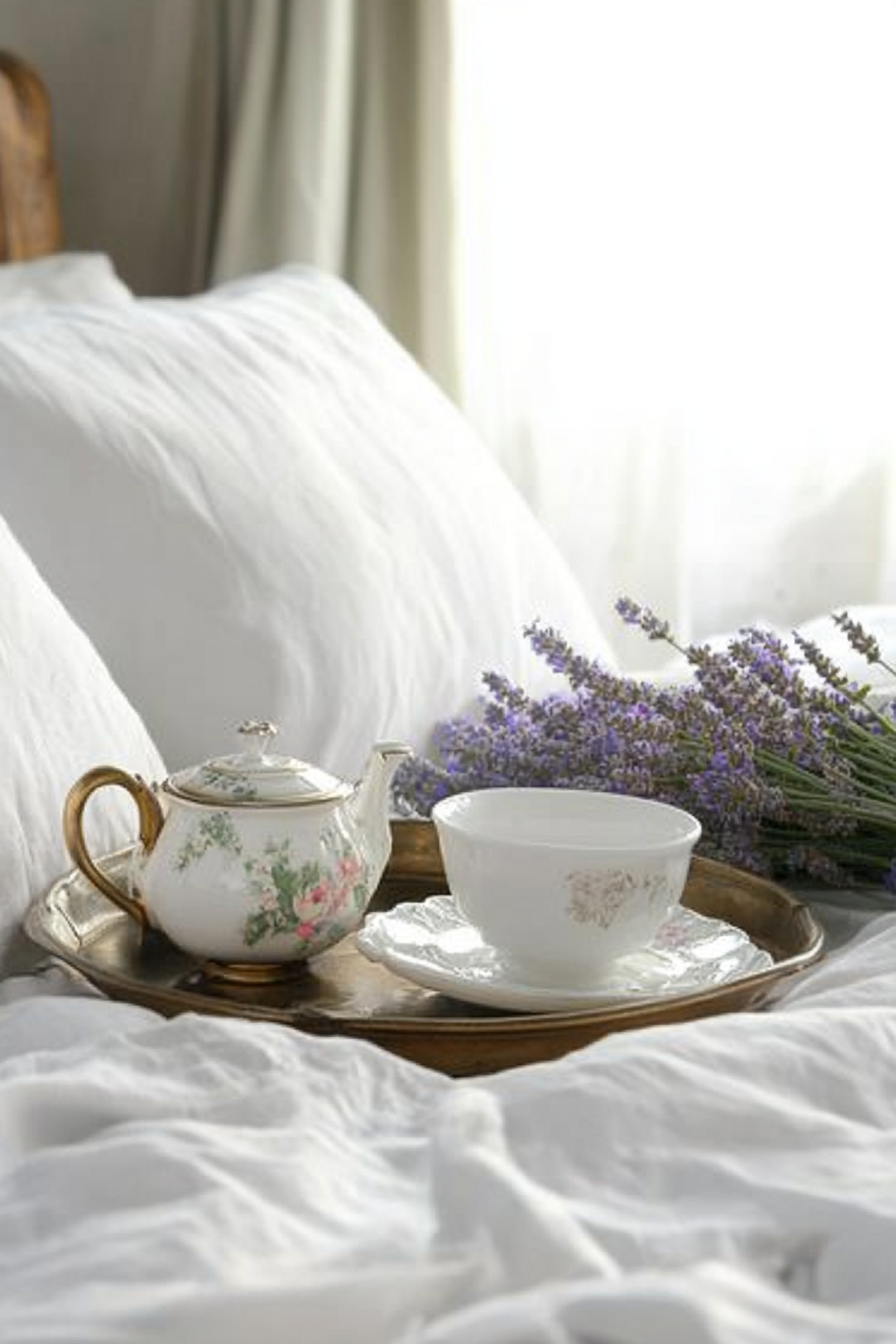 Bedside setup. Antique brass trays, white china tea set, lavender roses.