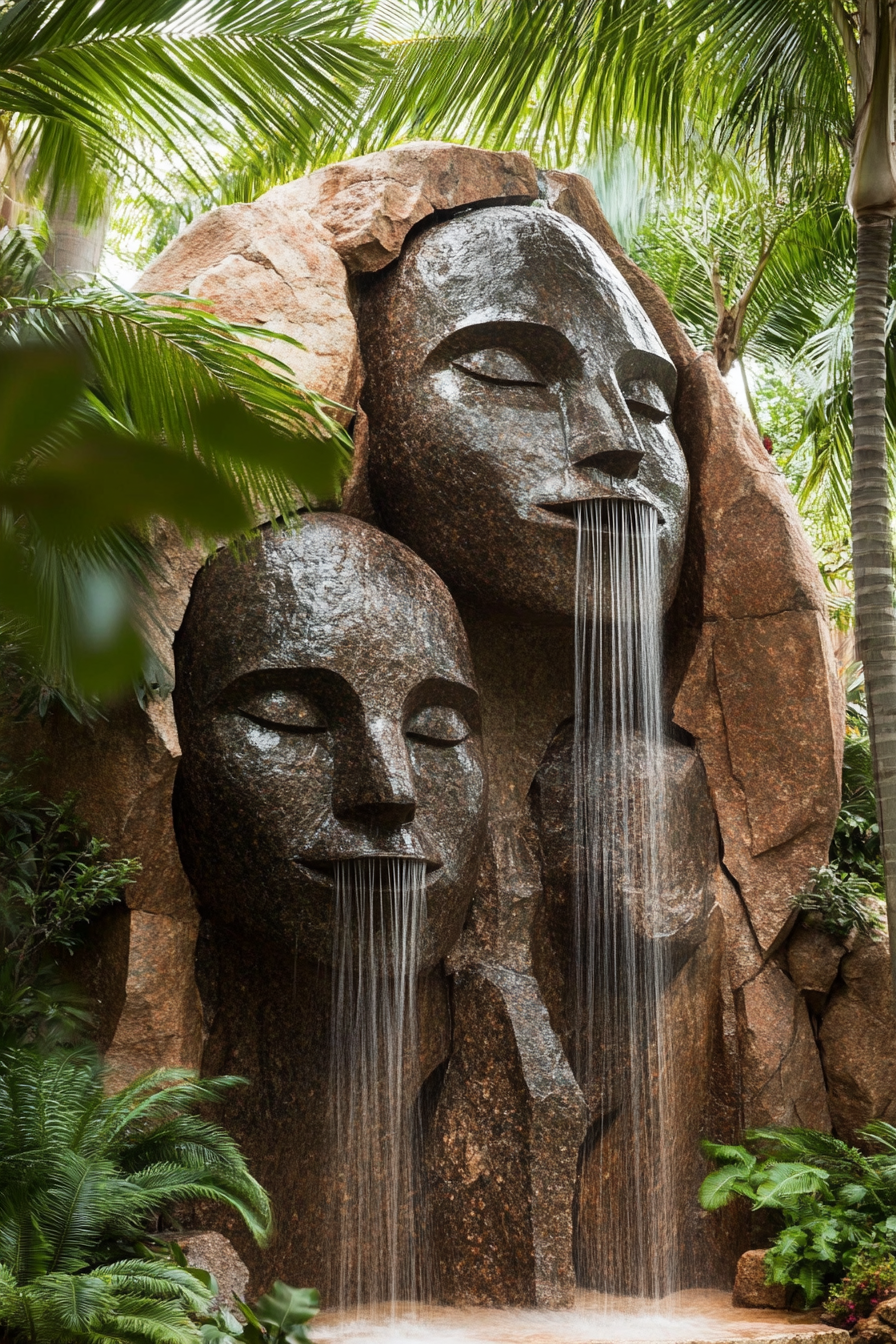 Outdoor shower. Granite natural rock formation, three cascading bronze heads, surrounded by lush palm trees.