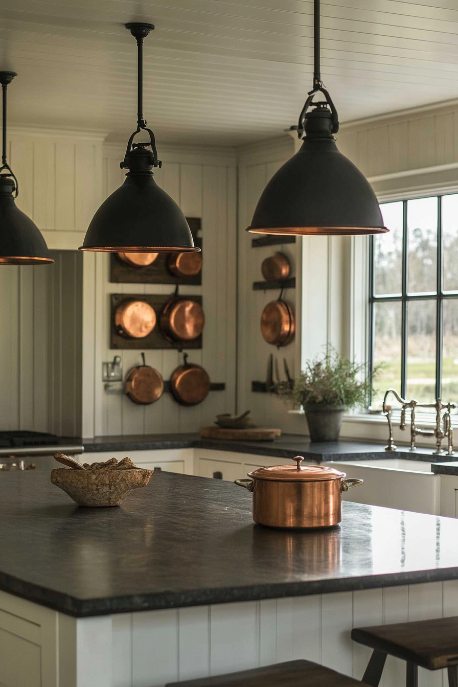 Welcoming kitchen. Soapstone countertops, copper pots, vintage scales, pendant lights.