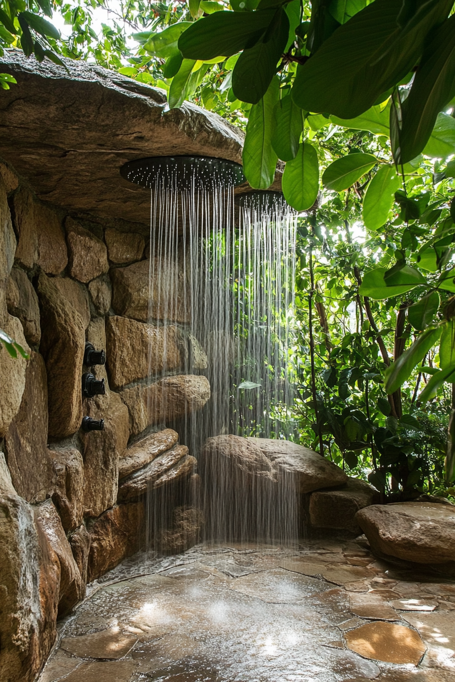 Outdoor shower. Natural rock formation and cascading shower heads amid lush greenery.