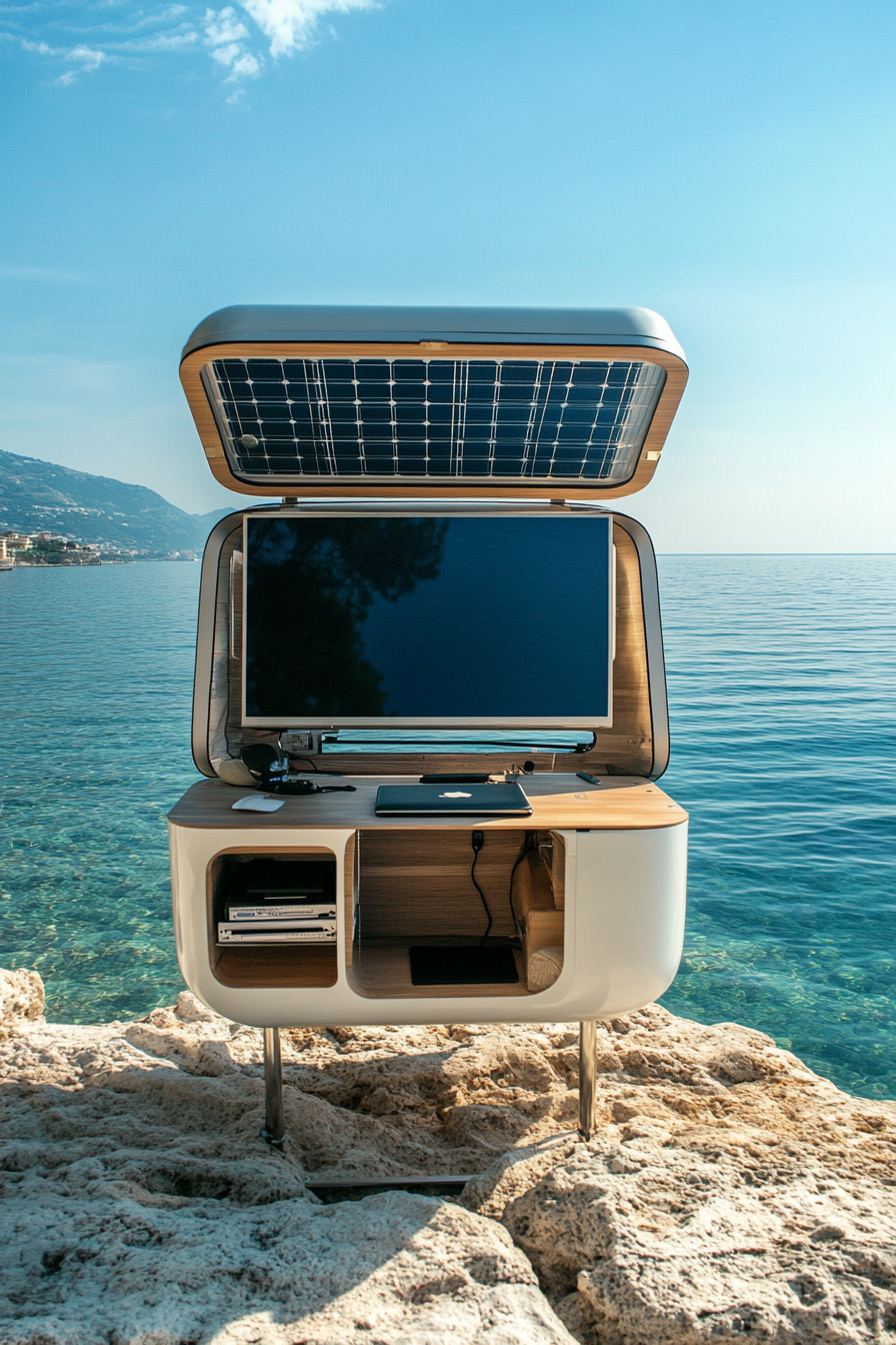 Flexible mobile office. Convertible workstation with solar panels, facing an endless sea view.